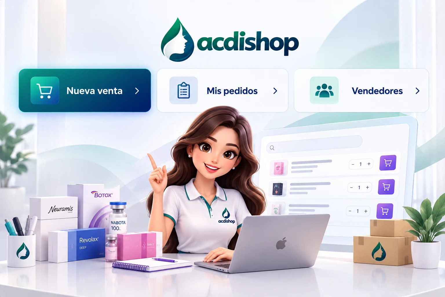 Ilustración 3D de una asesora acdishop con computadora, productos y pedidos